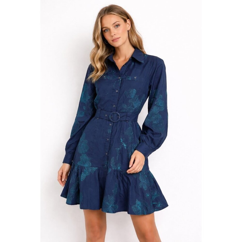 Ciebon INA Utilitarian Romantic Belted Bloomcore Shirt Dress MEDIUM Floral Navy